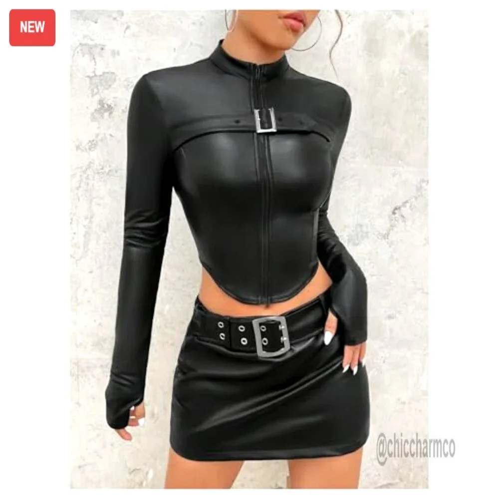 Leather Cropped Jacket Zip Up Outerwear Long Sleeve Stand Collar - Picture 2 of 6